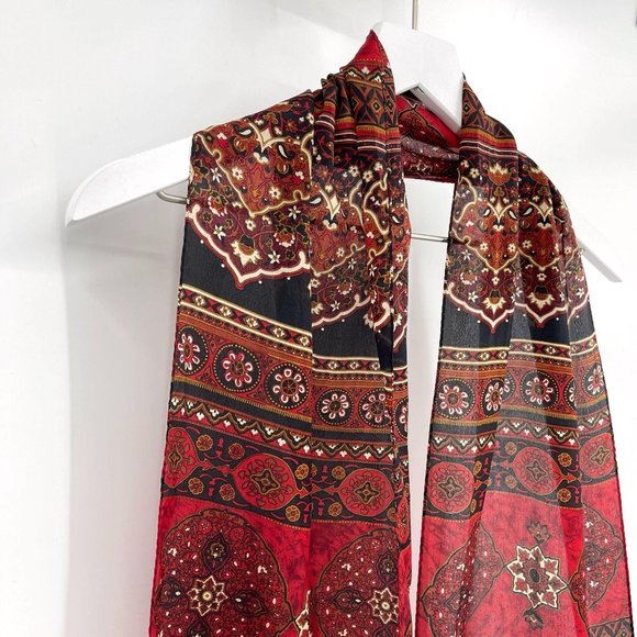 Vtg Echo Two Silk Scarves Red Gray Leaf Medallion - Picture 4 of 10